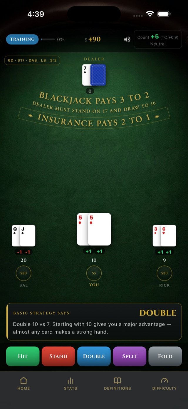 A hand in play: a Training badge and a bankroll of 490, a running count read-out of plus 5 marked Neutral, a rules chip reading 6D S17 DAS LS 3:2, and an advice panel reading Basic strategy says DOUBLE — Double 10 versus 6, starting with 10 gives you a major advantage.