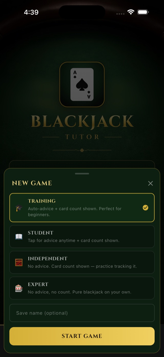 The New Game screen listing four difficulty tiers: Training with auto-advice and the card count shown, Student with auto-advice anytime, Independent with no advice but the count still visible, and Expert with no advice and no count.