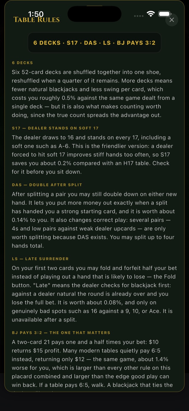 The Table Rules placard explaining six decks, dealer stands on soft 17, double after split, late surrender, and a section headed Blackjack pays 3:2 — the one that matters, describing what a 6:5 table costs you.