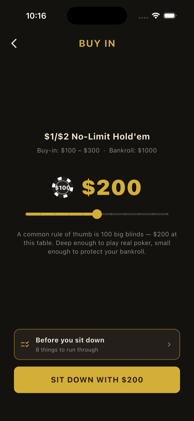 The buy-in screen for a $1/$2 No-Limit Hold'em game, with the buy-in slider set to $200 and a note explaining that a common rule of thumb is 100 big blinds.
