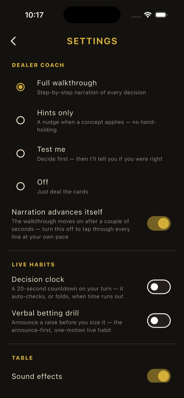 The settings screen showing the four Dealer Coach modes — Full walkthrough, Hints only, Test me and Off — and a Live Habits section with a decision clock and a verbal betting drill.