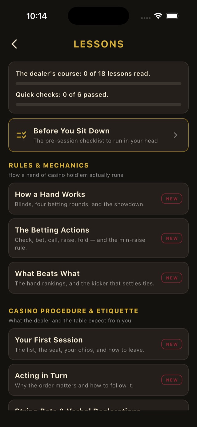 The lessons index showing progress bars, the Before You Sit Down checklist, and course sections titled Rules and Mechanics and Casino Procedure and Etiquette.