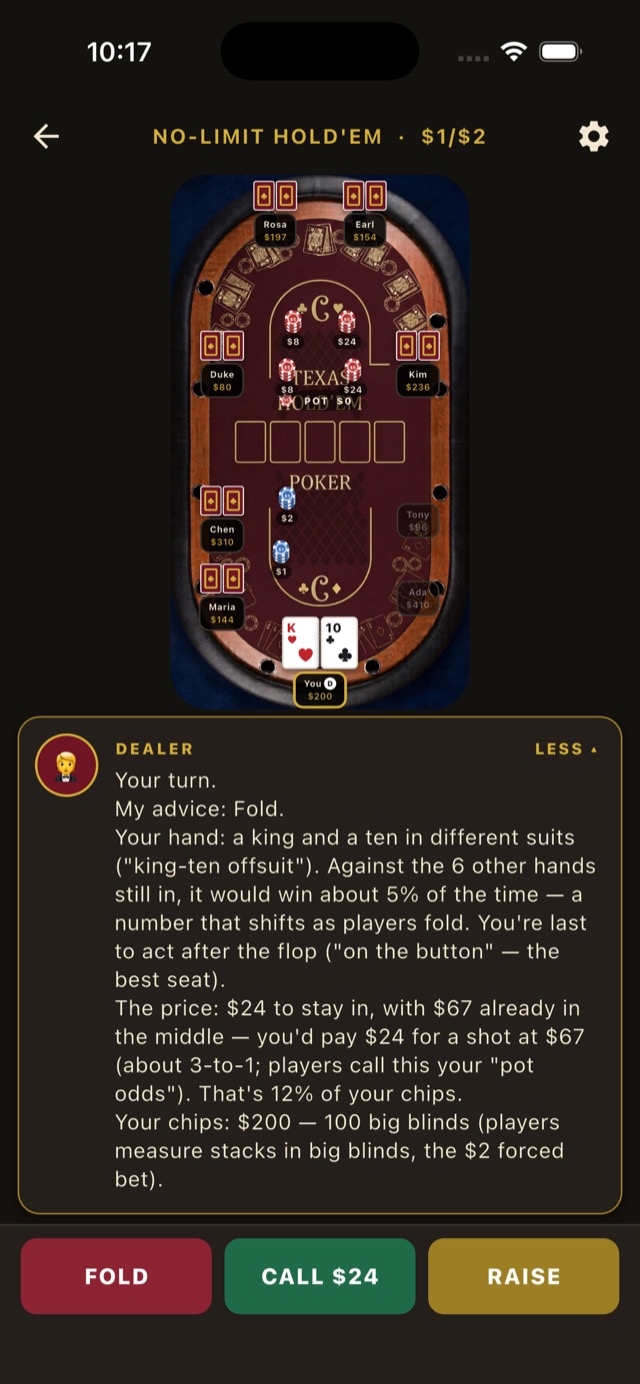 A hand at the 9-handed table holding a king of hearts and ten of clubs on the button, with the dealer panel explaining the fold recommendation, the pot odds of calling $24 to win $67, and stack depth in big blinds, above Fold, Call $24 and Raise buttons.